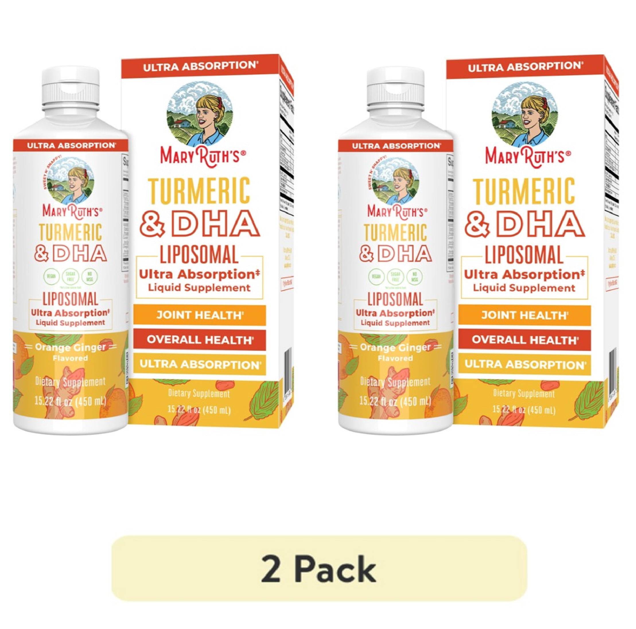 (2 pack) MaryRuth's Curcumin and DHA Liposomal Herbal Supplement Mood Balance Joint Support Vegan Sweet Ginger Heart Health, Ages 14+, Unisex, 15.22 fl oz