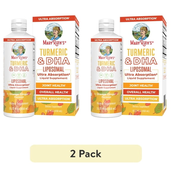 (2 pack) MaryRuth's Curcumin and DHA Liposomal Herbal Supplement Mood Balance Joint Support Vegan Sweet Ginger Heart Health, Ages 14+, Unisex, 15.22 fl oz