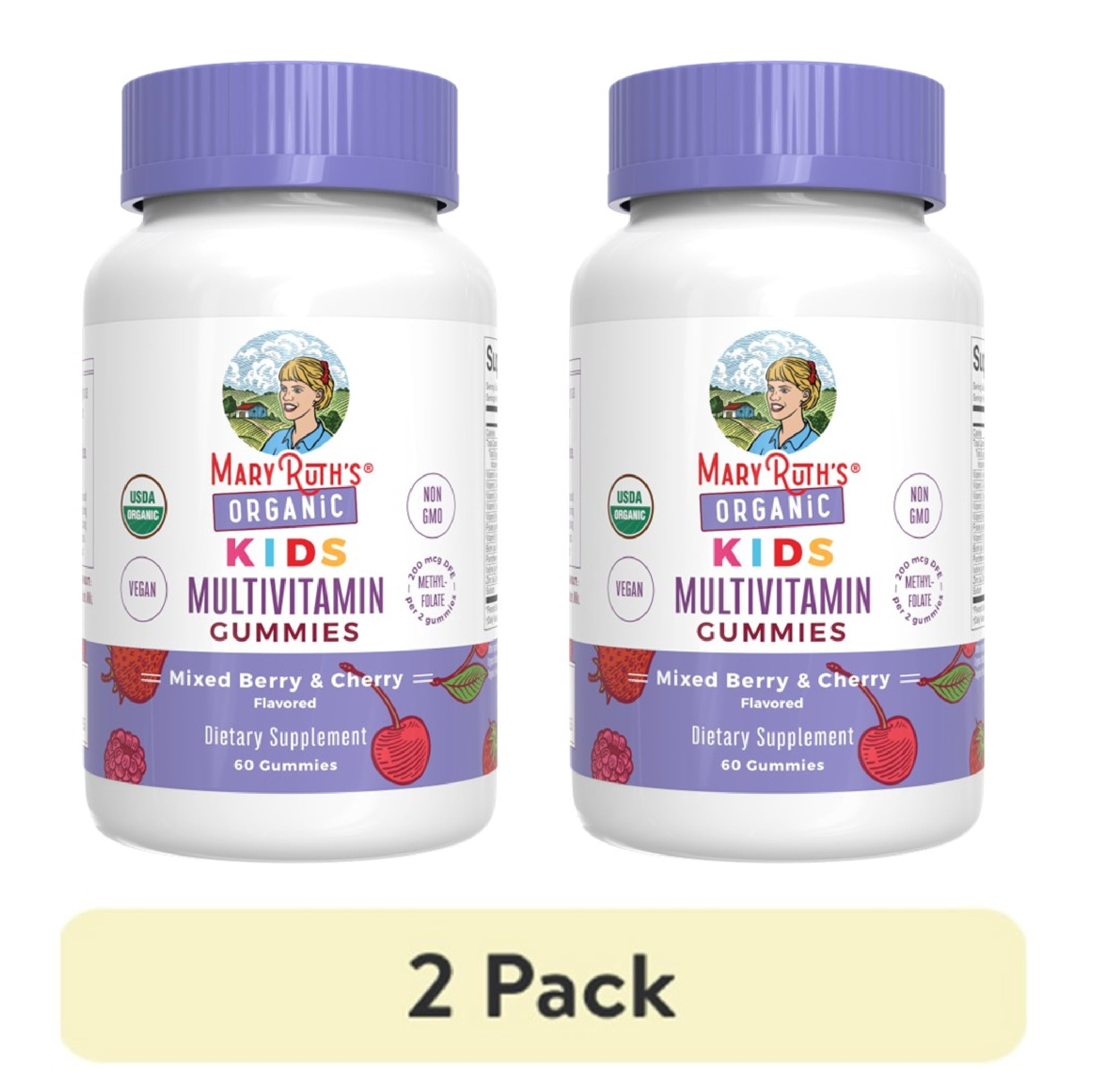 (2 pack) MaryRuth's Kids Multivitamin Gummies Mixed Berry and Cherry Vegan Gluten-Free Dairy-Free Immune Support, Ages 4+, 60 Count