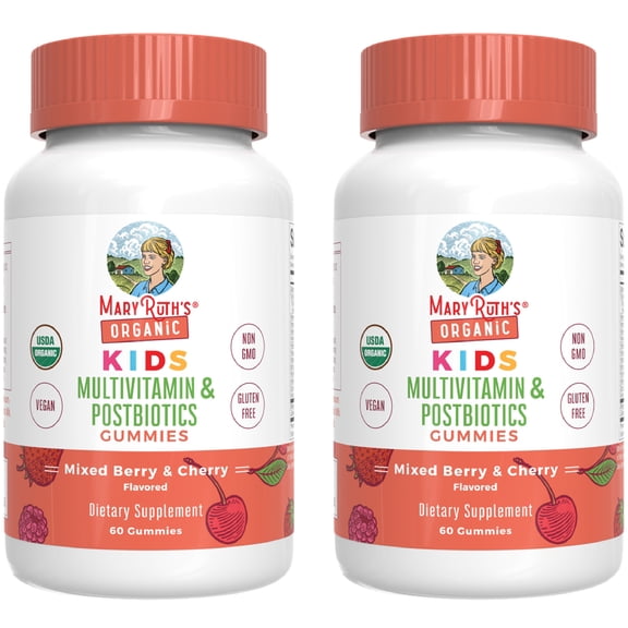 (2 pack) MaryRuth's Kids Multivitamin + Postbiotic Gummies Ages 4+, Bone Health, Immune Support, Vegan, Gluten-Free, Dairy-Free, Mixed Berry & Cherry, 60 Count