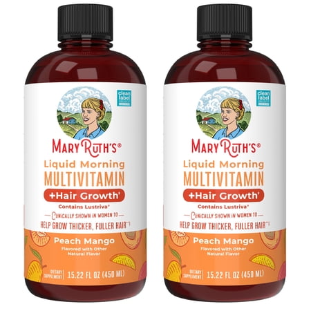 (2 pack) MaryRuth's Liquid Multivitamin + Hair Growth with Biotin 10000MCG, Lustriva, Vegan Gluten-Free, Peach Mango Flavor, Adults Ages 18+, 15.22 fl oz