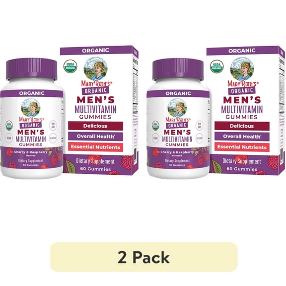 (2 pack) MaryRuth's Men's Multivitamin Gummies Overall Health Support Cherry Raspberry Flavor Vegan Ages 14+, 60 Count