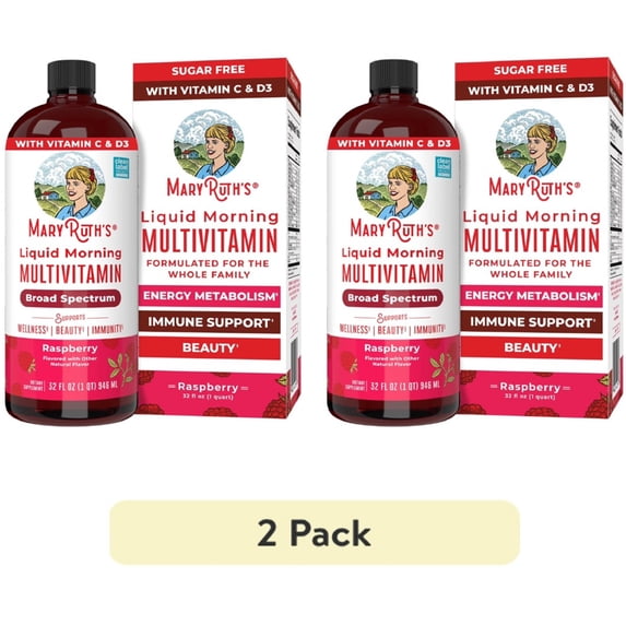 (2 pack) MaryRuth's Morning Multivitamin Liquid, Raspberry Flavor, Vegan, Non-GMO, Unisex, with Vitamins C and D, 1 Count, 32 fl oz