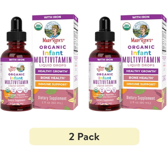 (2 pack) MaryRuth's Multivitamin Liquid Drops for Infants, Vitamin A, C, D, Zinc, Sugar Free, Vegan, Non-GMO, 2 fl oz