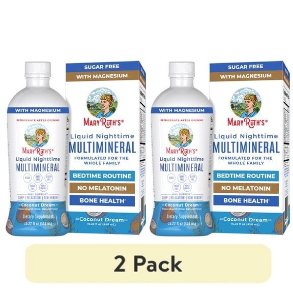 (2 pack) MaryRuth's Nighttime Liquid Multimineral Magnesium Citrate Ages 1+ No Melatonin Stress Sleep Support Bone Health Sugar Free Vegan Coconut 15.22 fl oz