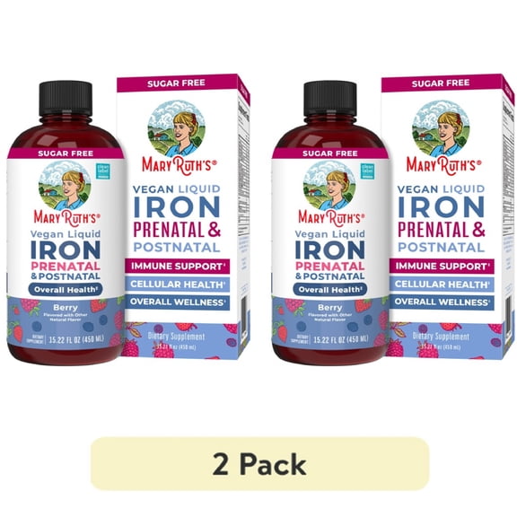 (2 pack) MaryRuth's Prenatal Postnatal Iron Liquid Supplement, Immune Support, Cellular Health, Berry Flavor, Vegan, Dairy-Free, Gluten-Free, 15.22 fl oz