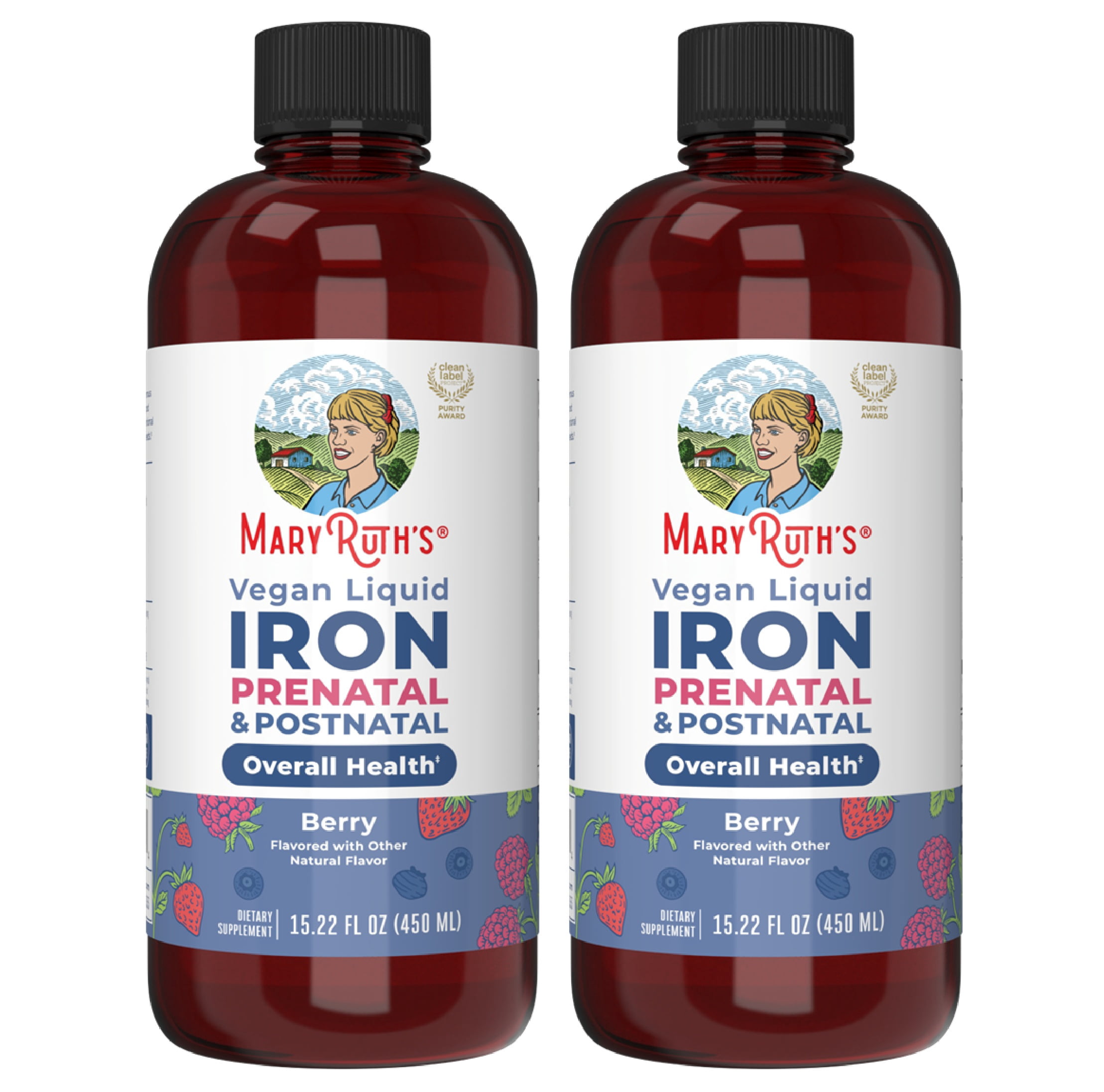 2 pack MaryRuths Prenatal Postnatal Iron Liquid Supplement, Immune Support, Cellular Health, Berry Flavor, Vegan, Dairy-Free, Gluten-Free, 15.22 fl oz