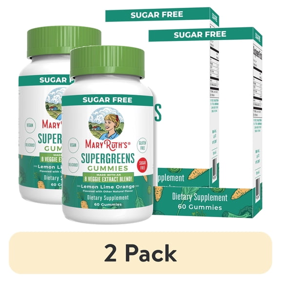 (2 pack) MaryRuth's Supergreens Gummies Veggie Supplement Lemon-Lime Orange Vegan, Sugar Free, Gluten Free, 60 Count