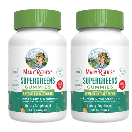 (2 pack) MaryRuth's Supergreens Gummies Veggie Supplement Lemon-Lime Orange Vegan, Sugar Free, Gluten Free, 60 Count