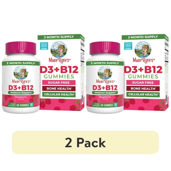 (2 pack) MaryRuth's Vitamin D3 + B12 Gummies Bone Health & Immune Support Sugar Free Vegan Raspberry 60 Gummies
