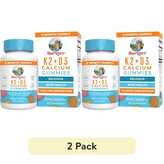 (2 pack) MaryRuth's Vitamin K2+D3 Calcium Gummies, Peach Mango & Apricot, Gluten-Free Vegan, 60 Count