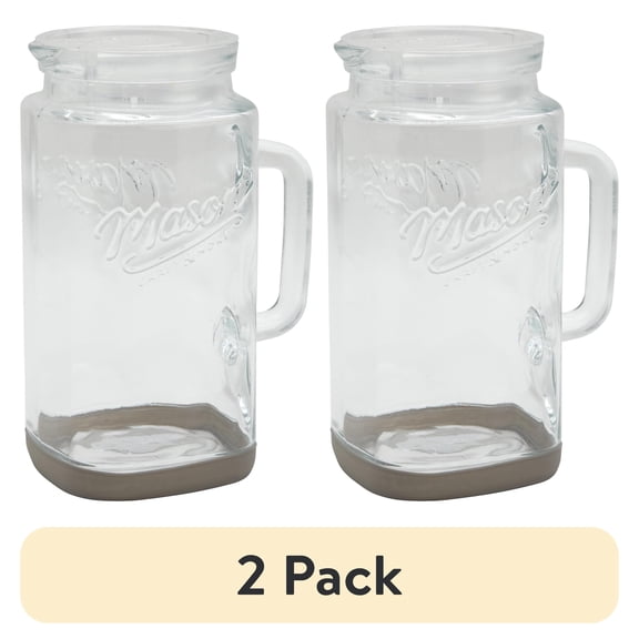 (2 pack) Mason Craft & More Glass 0.5 Gallon Pitcher with Removable Plastic Lid and Silicone Base, Gray, Well Suited to Cold Drink Preparation