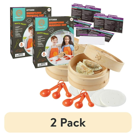 (2 pack) MasterChef Junior Dumpling Making Set- 5 Pc Kit- Real Cookware for Kids Includes Recipes Steamer Basket Mold Press Measuring Spoons Steamer Paper, Homemade Cooking Party for Dim Sum Soups Chinese Food