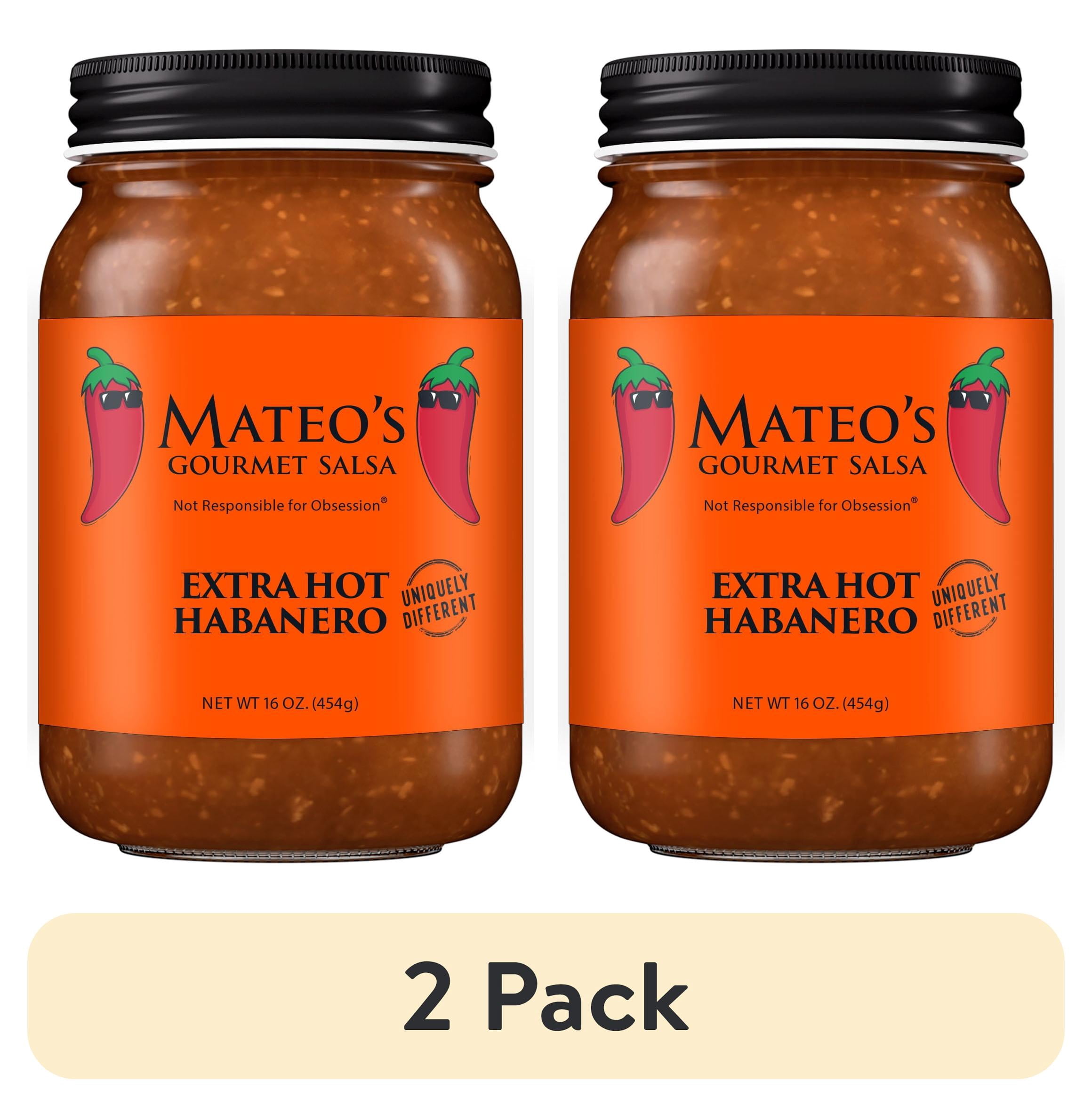 (2 pack) Mateo's Gourmet All Natural Habanero Hot Salsa, Extra Spicy Heat, Regular16oz Glass Jar