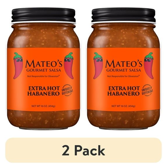 (2 pack) Mateo's Gourmet All Natural Habanero Hot Salsa, Extra Spicy Heat, Regular16oz Glass Jar