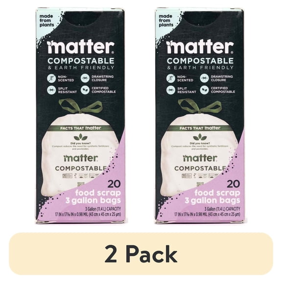 (2 pack) Matter Compostable 3-Gallon Drawstring Food Scrap Bags, 20 Count