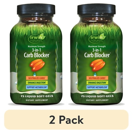 (2 pack) Irwin Naturals Maximum Strength 3-in-1 Carb Blocker - Neutralize Carbohydrates - 75 Liquid Softgels