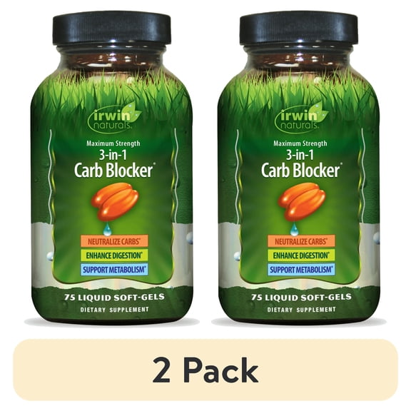 (2 pack) Irwin Naturals Maximum Strength 3-in-1 Carb Blocker - Neutralize Carbohydrates - 75 Liquid Softgels