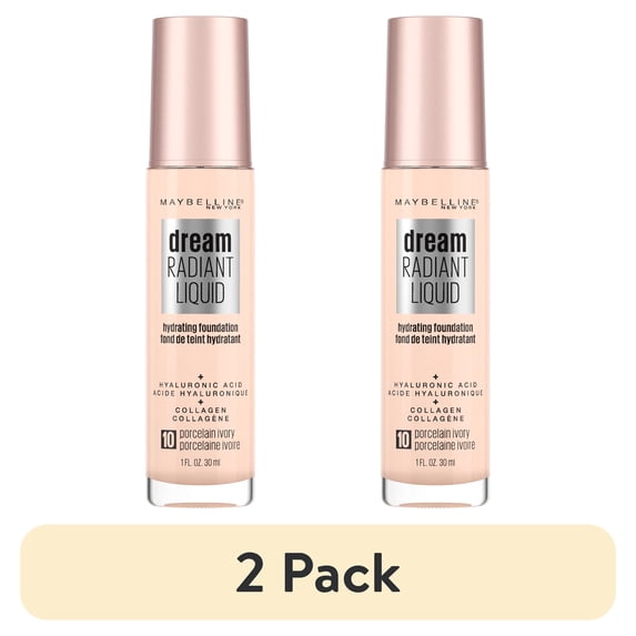 (2 pack) Maybelline Dream Radiant Liquid Foundation Makeup, 10 Porcelain Ivory, 1 fl oz