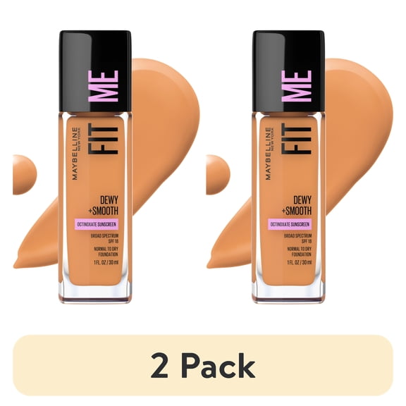 (2 pack) Maybelline Fit Me Dewy and Smooth Liquid Foundation Makeup, SPF 18, Toffee, 1 fl oz