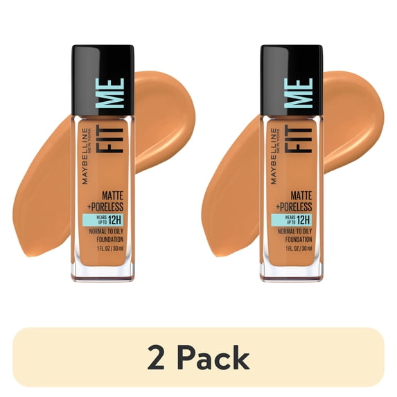 (2 pack) Maybelline Fit Me Matte + Poreless Liquid Foundation Makeup, 334 Warm Sun, 1 fl oz