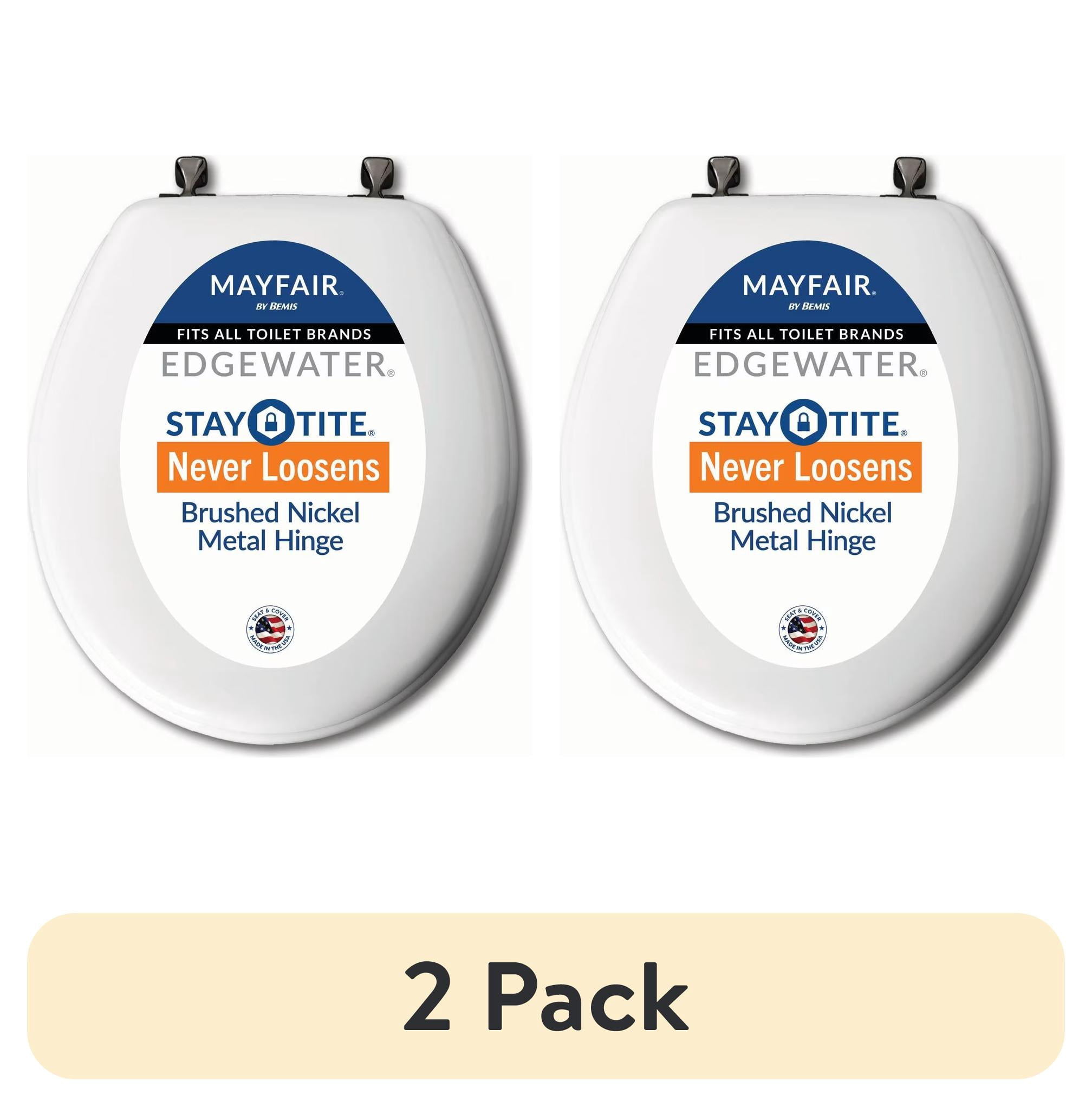 (2 pack) Mayfair Edgewater® Round Enameled Wood Toilet Seat in White Never Looosens Brushed Nickel Metal Hinge