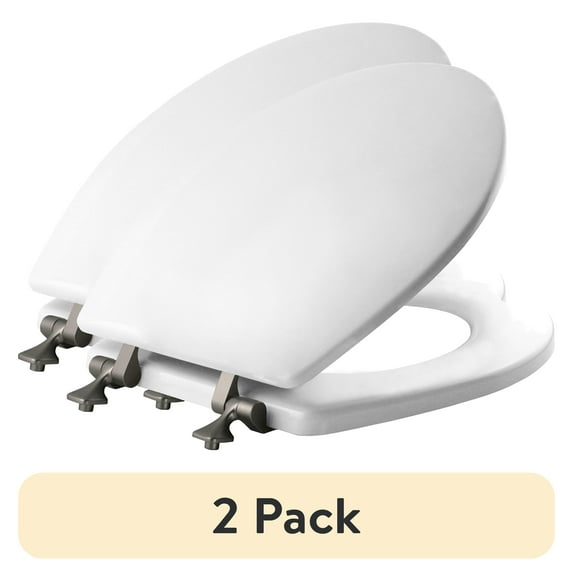 (2 pack) Mayfair Edgewater® Round Enameled Wood Toilet Seat in White Never Looosens Brushed Nickel Metal Hinge