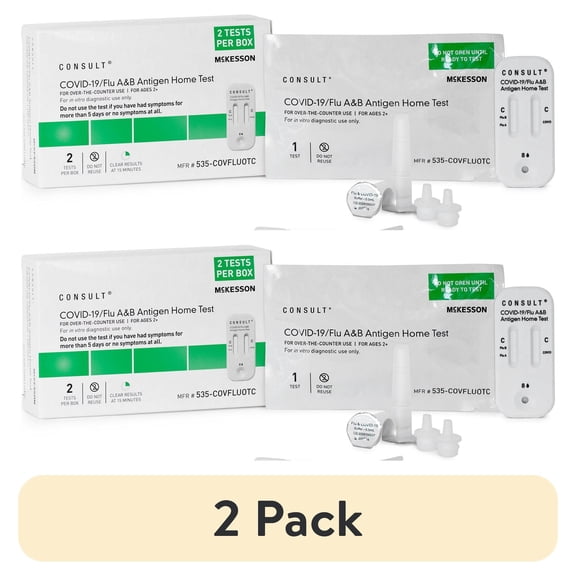 (2 pack) McKesson Consult COVID-19/Flu A&B Antigen Home Test Kit - Fast Results, Ages 2+ (2 Tests per Box)