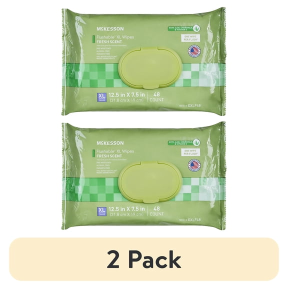 (2 pack) McKesson Flushable* Wet Wipes XL - Aloe & Vitamin E Formula, Gentle on Skin, Plant-Based Adult Cleansing Wipes - Scented, 48 Wipes, 1 Pack