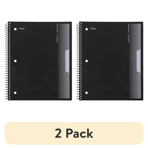 (2 pack) Mead 1 Subject Wide Ruled Notebook, 8" x 10.5", Black, Poly, Spiral, 100 Sheets