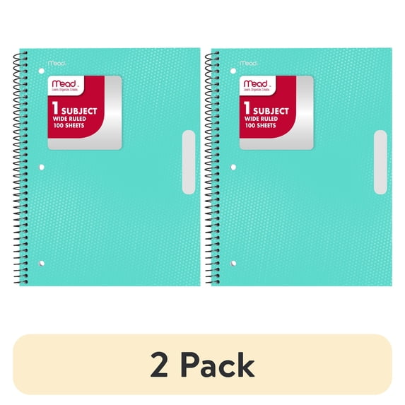(2 pack) Mead 1 Subject Wide Ruled Notebook, 8" x 10.5", Pastel Green, Poly, Spiral, 100 Sheets