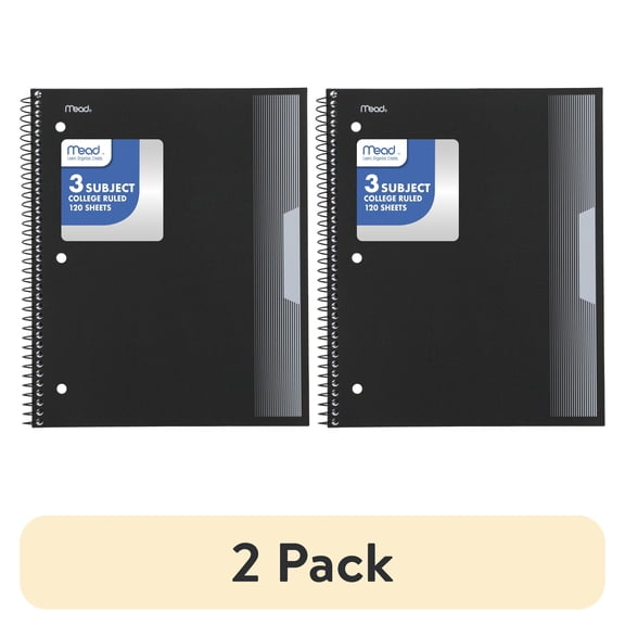 (2 pack) Mead 3 Subject College Ruled Notebook, 8.5" x 11", Black, Poly, Spiral, 120 Sheets