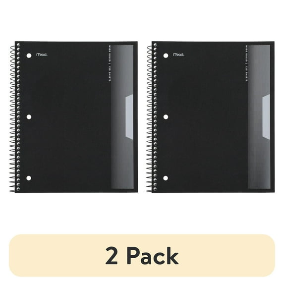 (2 pack) Mead 3 Subject Wide Ruled Notebook, 8" x 10.5", Black, Poly, Spiral, 120 Sheets