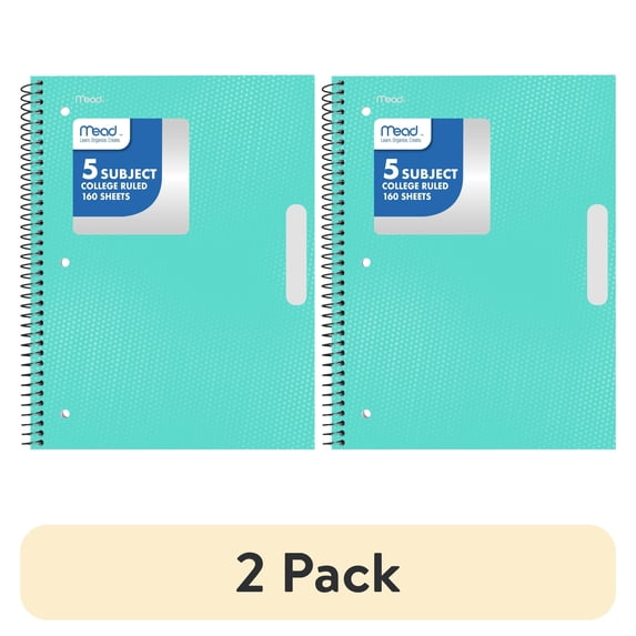 (2 pack) Mead 5 Subject College Ruled Notebook, 8.5" x 11", Pastel Green, Poly, Spiral, 160 Sheets