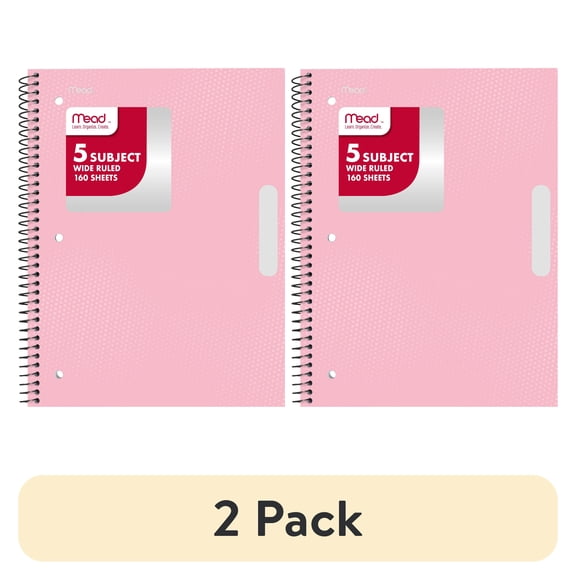 (2 pack) Mead 5 Subject Wide Ruled Notebook, 8" x 10.5", Pastel Pink, Poly, Spiral, 160 Sheets