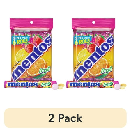 (2 pack) Mentos Assorted Fruit Chewy Mint Candy Roll, 1.32 oz, pack of 6