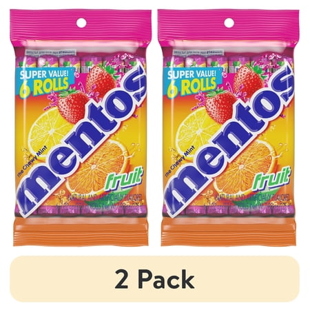 (2 pack) Mentos Assorted Fruit Chewy Mint Candy Roll, 1.32 oz, pack of 6