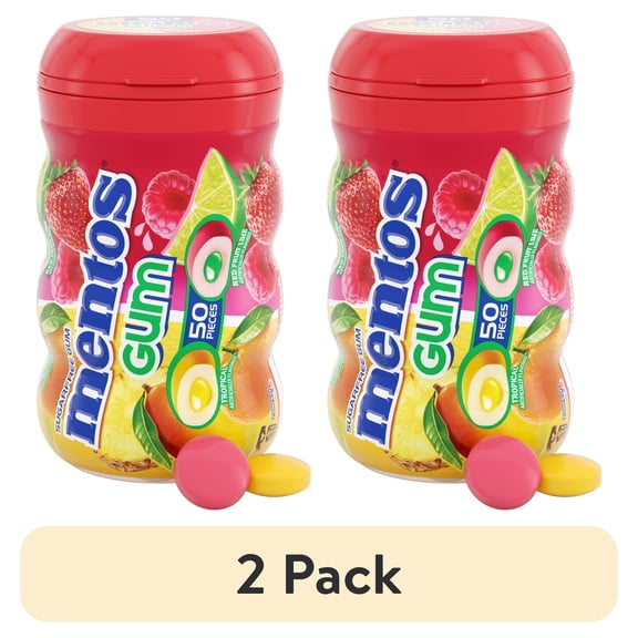 (2 pack) Mentos Gum Sugar-Free Tropical Red Fruit Lime Chewing Gum, 50 Regular Size Pieces, Bottle