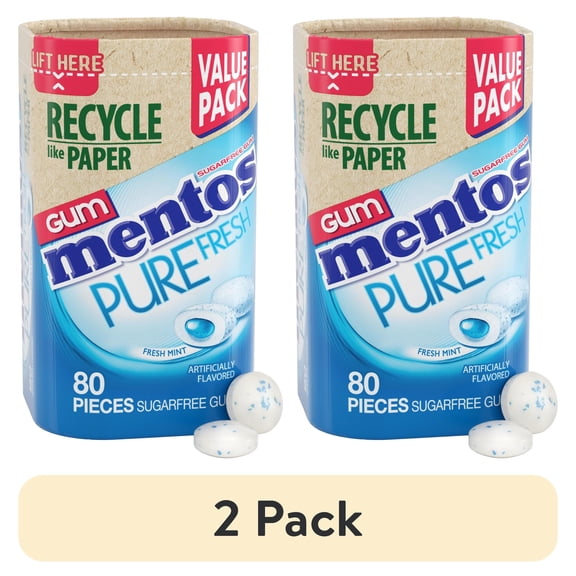 (2 pack) Mentos Pure Fresh Sugar-Free Gum, Paperboard Bottle, Fresh Mint, Peanut-Free, Regular Size, 80 Count