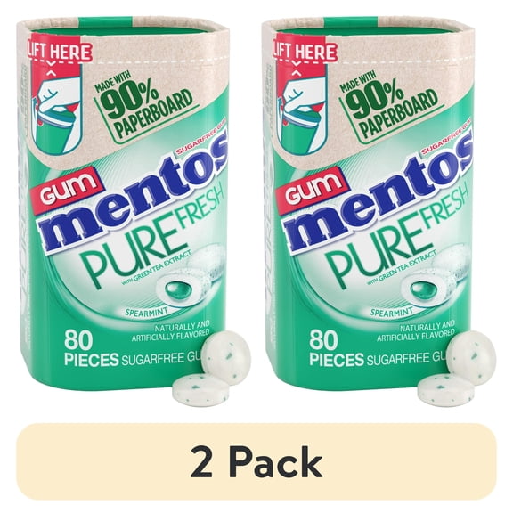 (2 pack) Mentos Pure Fresh Sugar-Free Gum, Paperboard Bottle, Spearmint, Peanut-Free, Regular Size, 80 Count