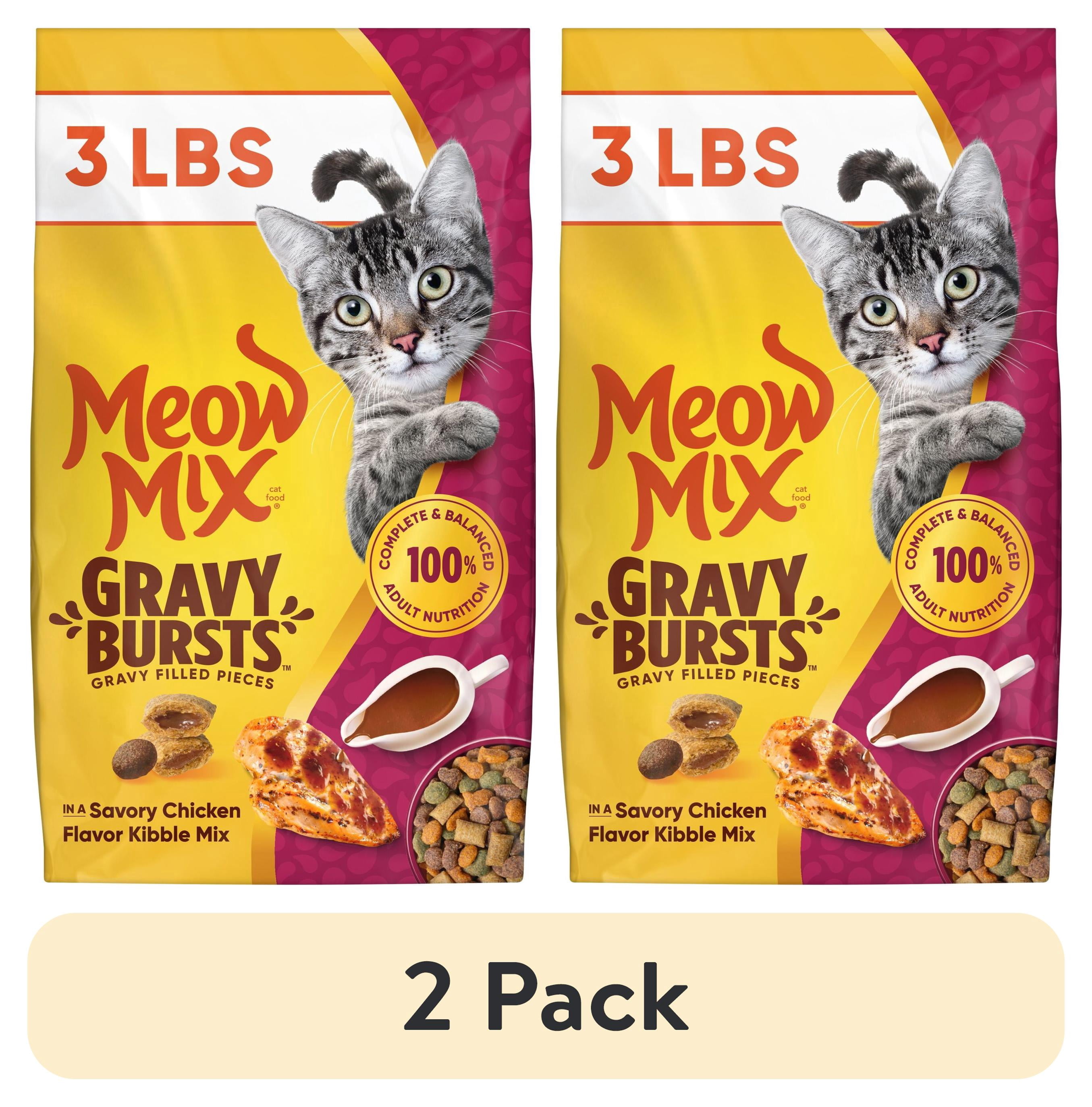 (2 pack) Meow Mix Gravy Bursts, Savory Chicken Flavor Mix, Gravy Filled Dry Cat Food, 3 lb. Bag