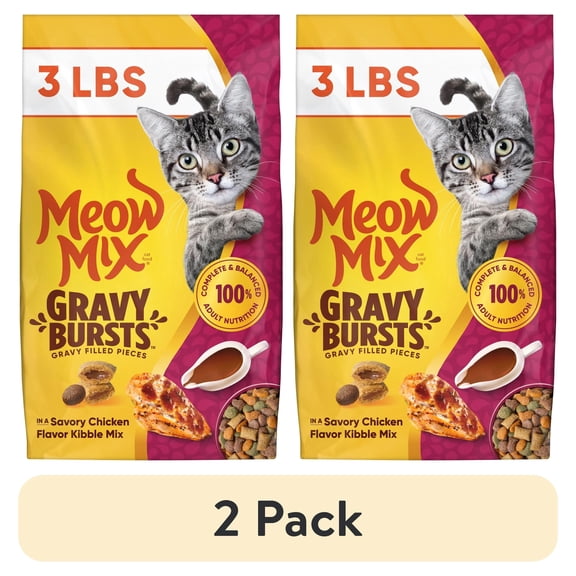 (2 pack) Meow Mix Gravy Bursts, Savory Chicken Flavor Mix, Gravy Filled Dry Cat Food, 3 lb. Bag