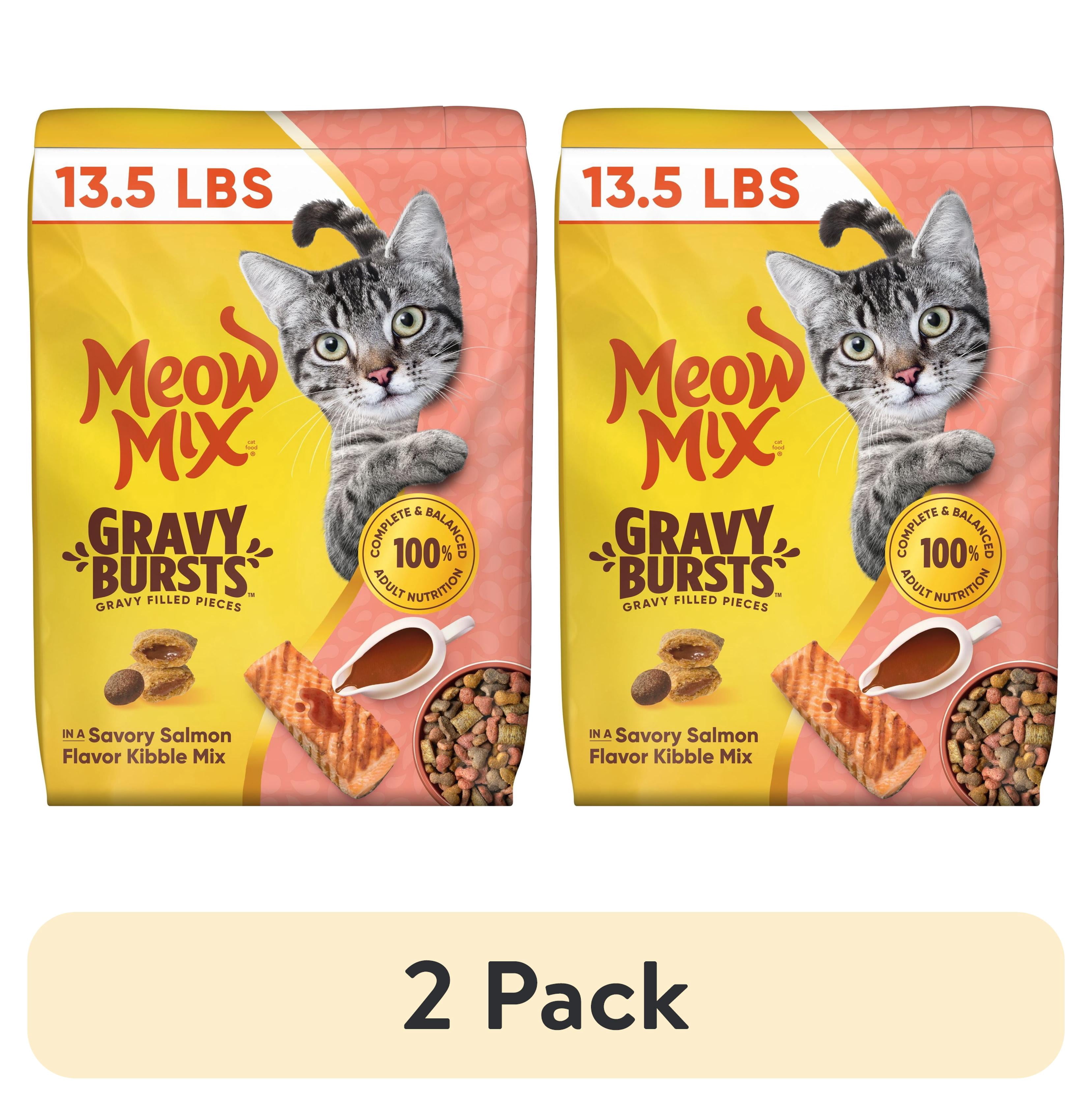 (2 pack) Meow Mix Gravy Bursts, Savory Salmon Flavor Kibble Mix, Gravy Filled Dry Cat Food, 13.5 lb. Bag