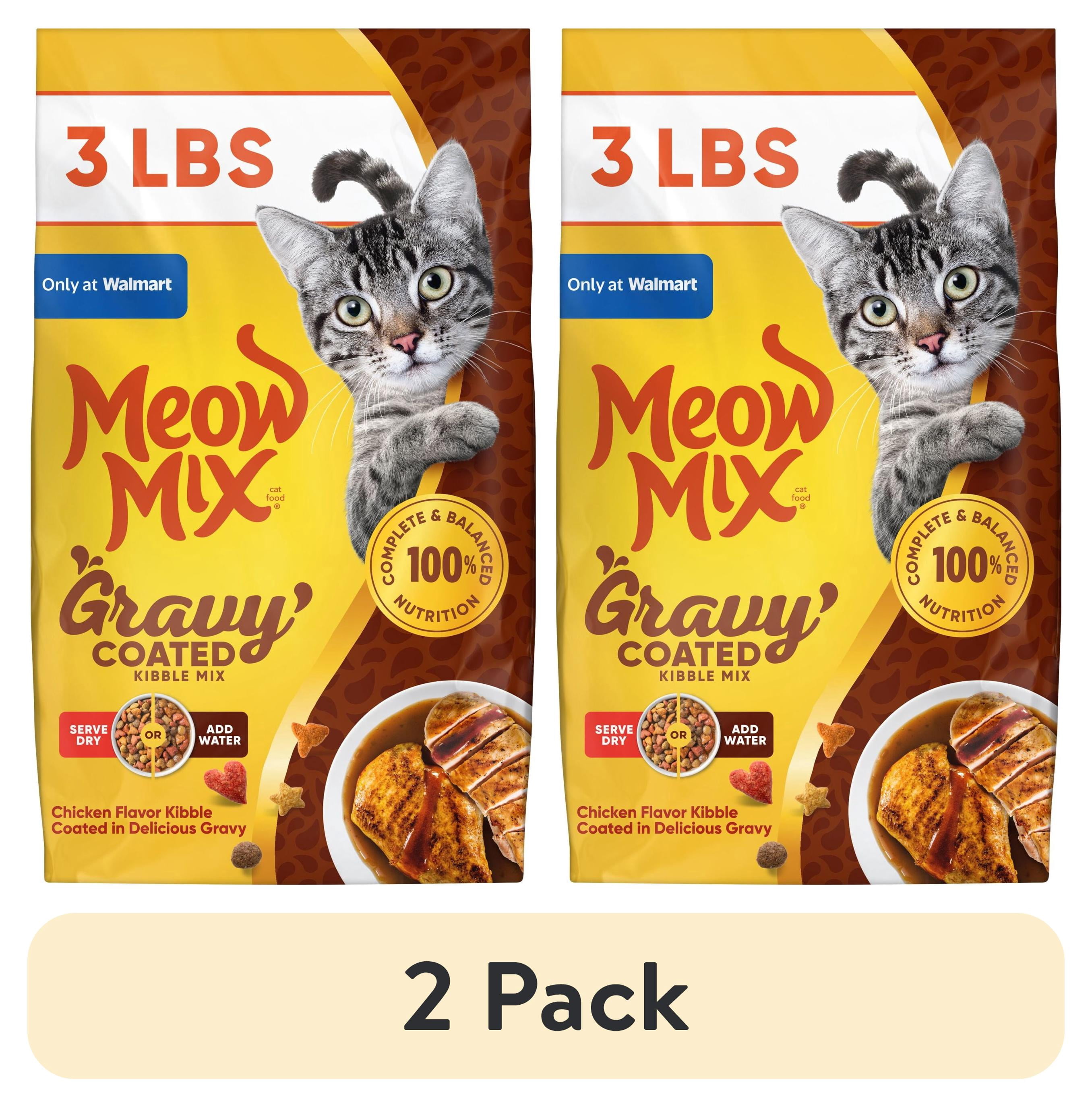 (2 pack) Meow Mix Gravy Coated Kibble Mix, Chicken Flavor Dry Cat Food, 3 Lb. Bag