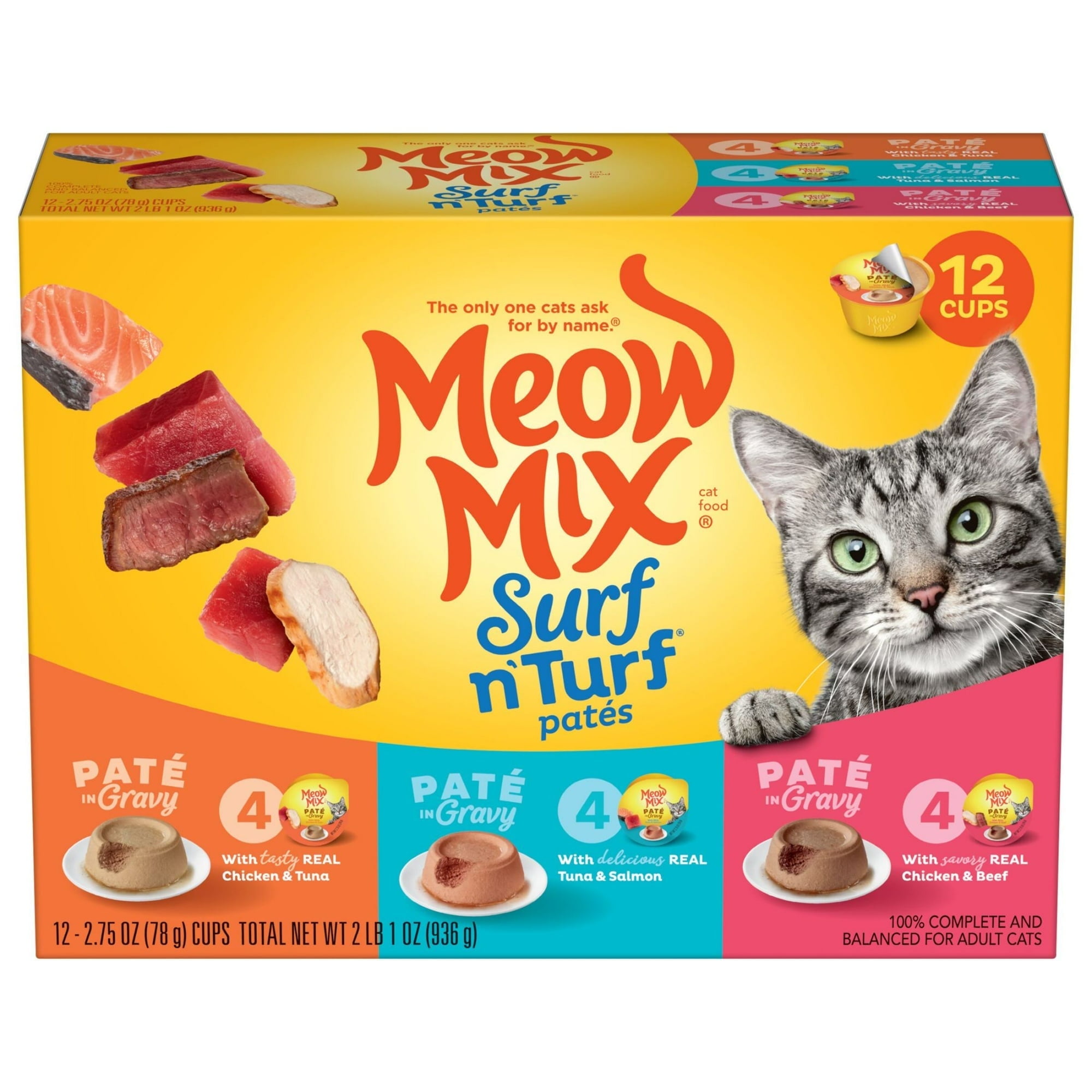 (2 pack) Meow Mix Pate in Gravy Wet Cat Food Variety Pack, Surf n Turf Pates, 12 Cups, 2.75 oz Each