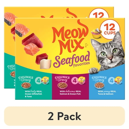 (2 pack) Meow Mix Savory Morsels Seafood Favorites Variety Pack, 2.75 oz Can (12 Pack)