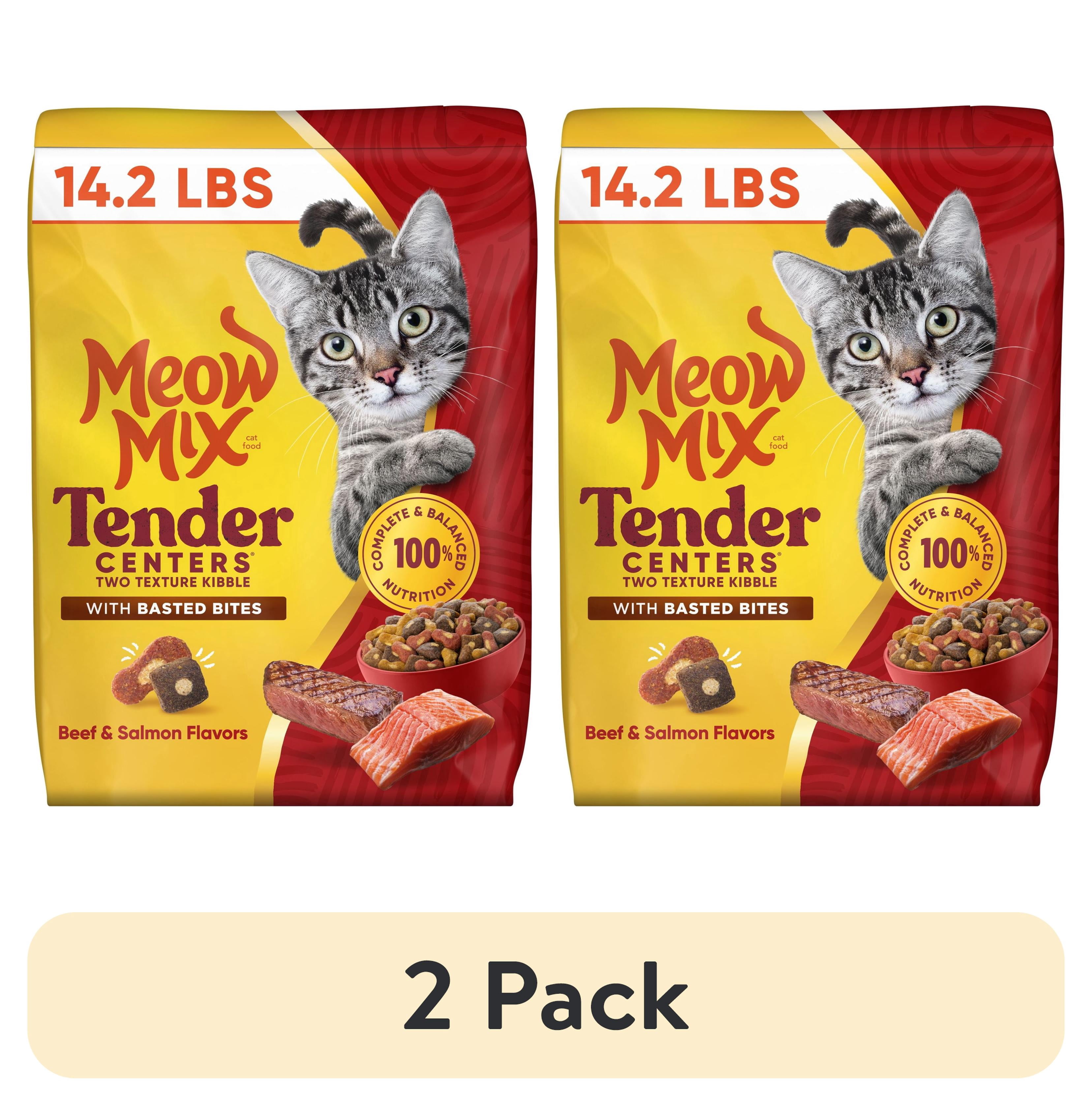 (2 pack) Meow Mix Tender Centers, Basted Bites Beef & Salmon Flavors, Dry Cat Food, 14.2 lb. Bag