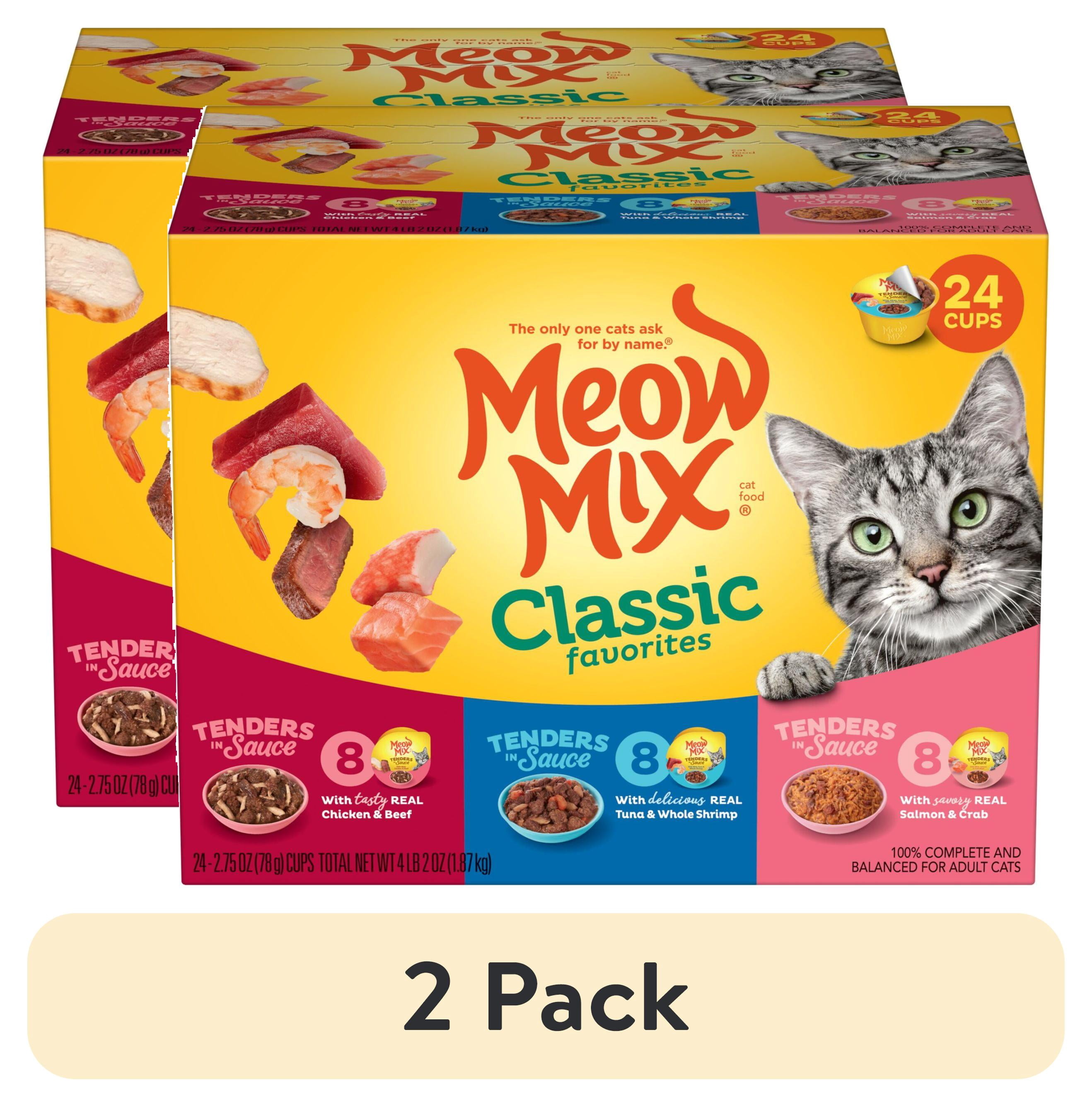 (2 pack) Meow Mix Tenders in Sauce Wet Cat Food Variety Pack, Classic Favorites, 24 Cups, 2.75 oz Each