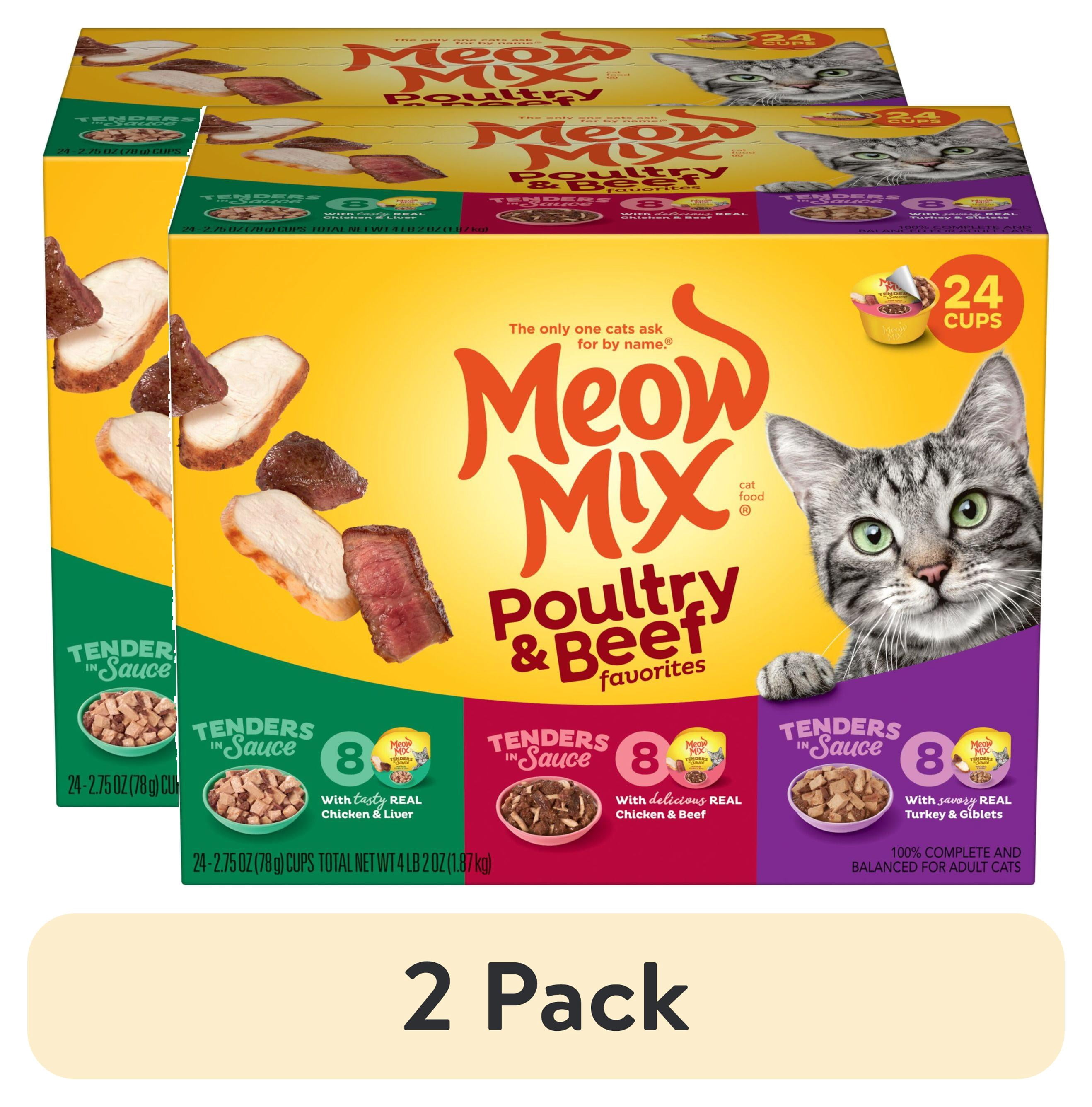 (2 pack) Meow Mix Tenders in Sauce Wet Cat Food Variety Pack With Poultry & Beef Favorites, 24 Cups, 2.75 oz Each