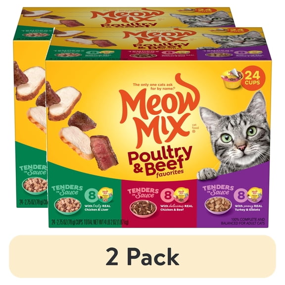 (2 pack) Meow Mix Tenders in Sauce Wet Cat Food Variety Pack With Poultry & Beef Favorites, 24 Cups, 2.75 oz Each